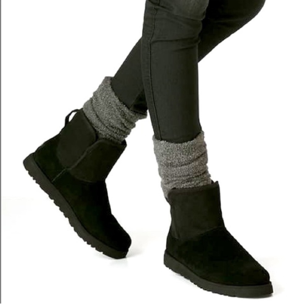 UGG Kristin Wedge Boots Black Size 7 Suede Sheepskin Cozy Winter Ankle Booties